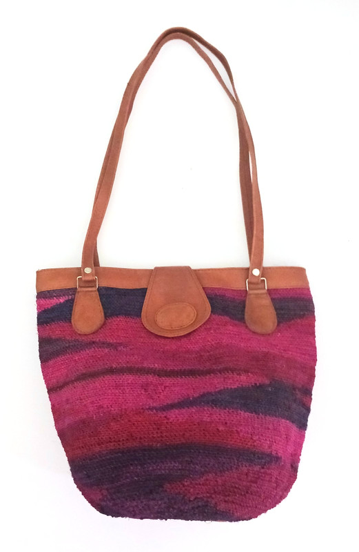 NEW Bright Handwoven Sisal Shigra Ecuador Shoulder Tote Brown Leather Straps