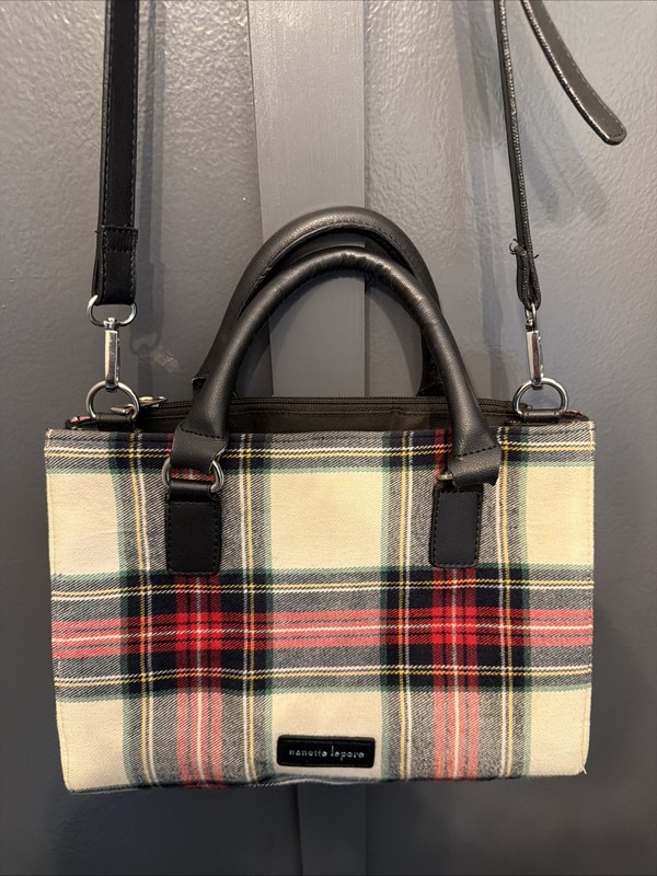 Nanette Lepore Plaid Flannel Tartan Satchel Crossbody Handbag Cream Red Blue