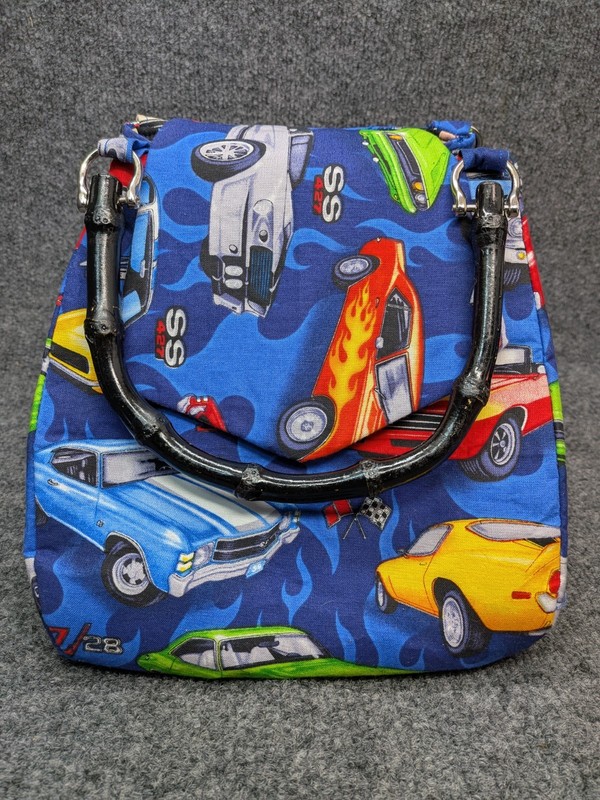 Retro Muscle Car Print Handbag Bamboo Handle Rockabilly Purse Magnetic Snap 7”