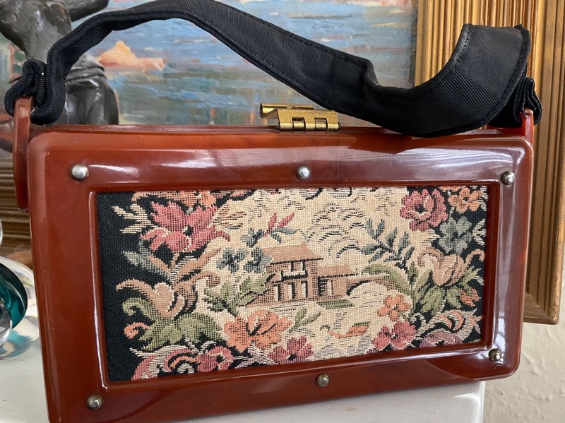 Vintage LUCITE BOX PURSE Tapestry Italian Garden Grosgrain Brass Amber Torty