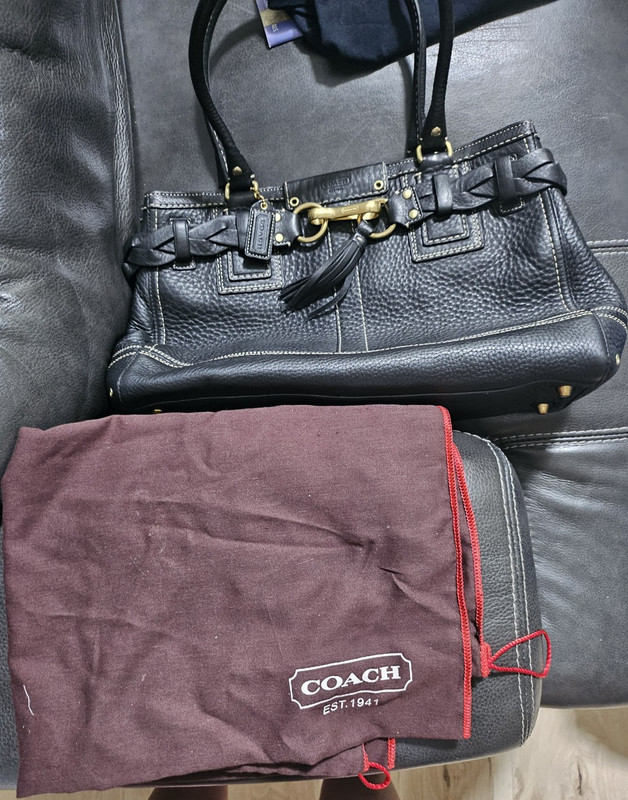 Coach Black Pebbled Leather Satchel Braided Strap Gold Hardware Tassel Logo Tag