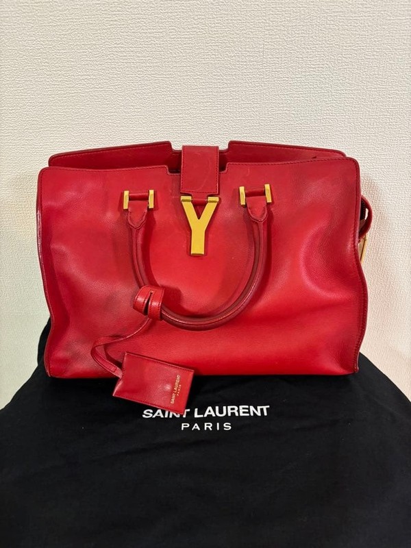 SAINT LAURENT Red Leather Y-Line 2Way Handbag Shoulder Strap Dust Bag