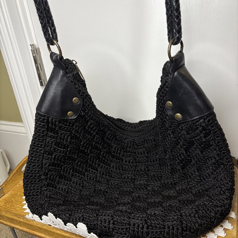 The Sack, Crochet Bag, Black Woven Pattern Antique Brass Hardware