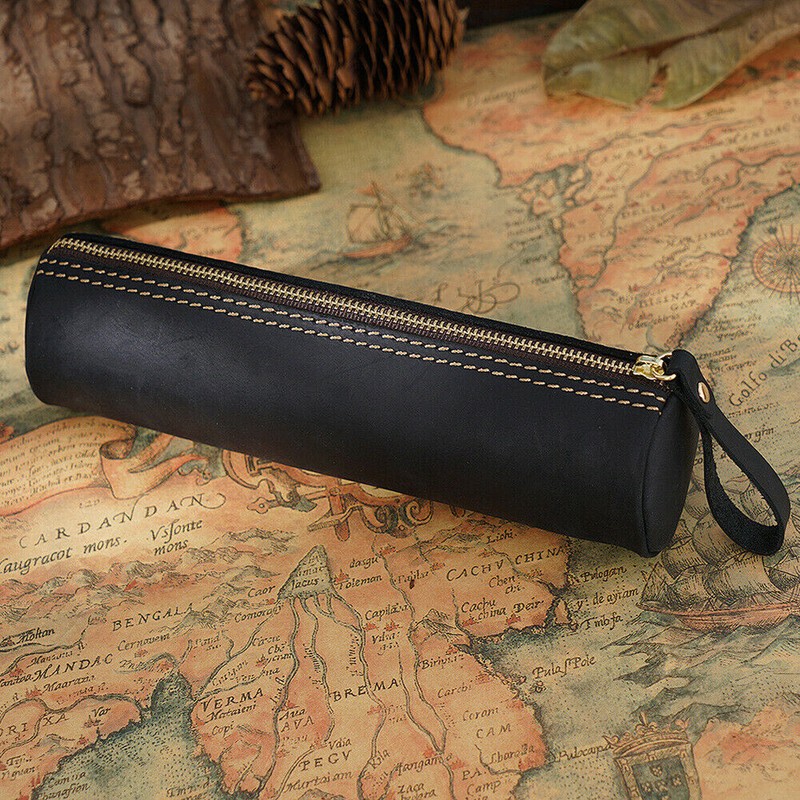 Retro Cowhide Leather Pen Pouch Zipper Pencil Case Stationery Storage Pen Bag gallery