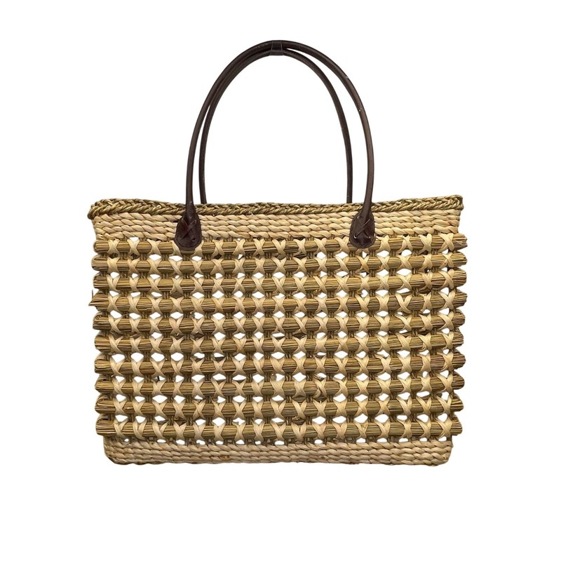 Braided Straw Women’s Beige Tote Bag With Dark Brown Handles Open Weave Style