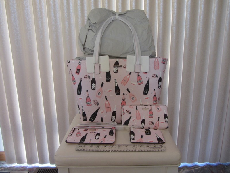 Kate Spade Pink Multi Champagne Tote, Large Wallet, L-Zip Cardholder, Wristlet