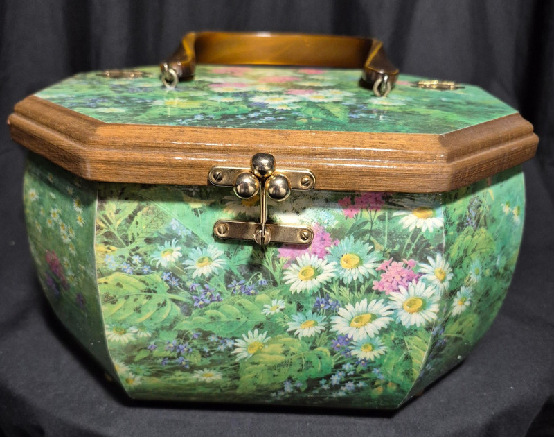 VTG 1970s decoupage Wood Art purse Handle Retro