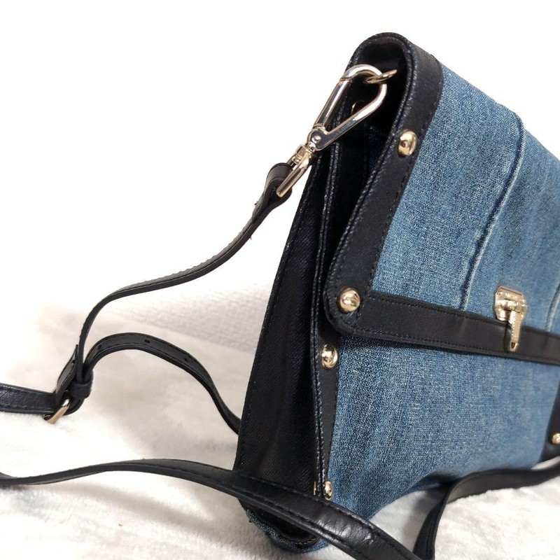 DIESEL Denim Shoulder Bag Blue and Black Mixed Material Metal Lock Studs gallery
