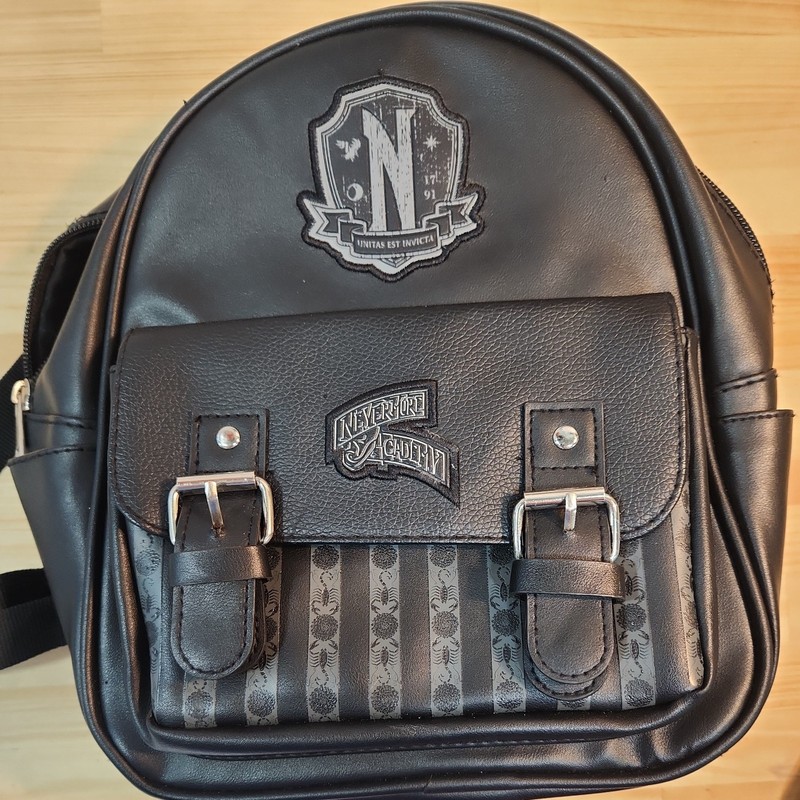 Wednesday Addams Mini Backpack Womens Black Embossed Logo Zip Pockets Spell Out