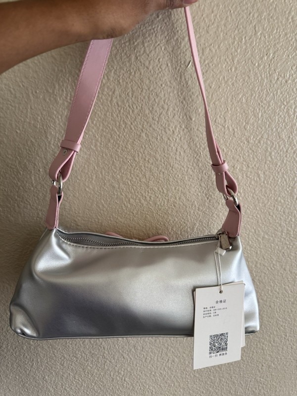 JANE & YORK Metallic Silver & Pink Small Shoulder Bag Bow Zip Adjustable Strap gallery