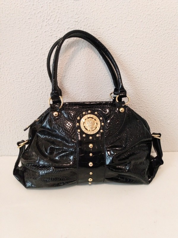 Hananel Women Black Gold Croc Faux Patent Leather Zip Double Handle Shoulder Bag