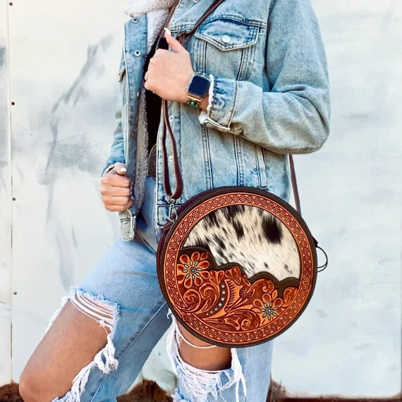 NWT Myra Bag MultiColor Floral Hand Tooled Hairon Leather Round Bag Western Boho