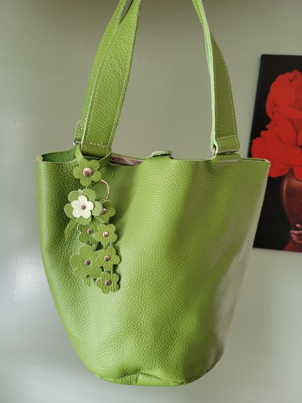 Cream Company Green Pebbled Tote Bag – Snap Closure, Floral Charm, Pockets
