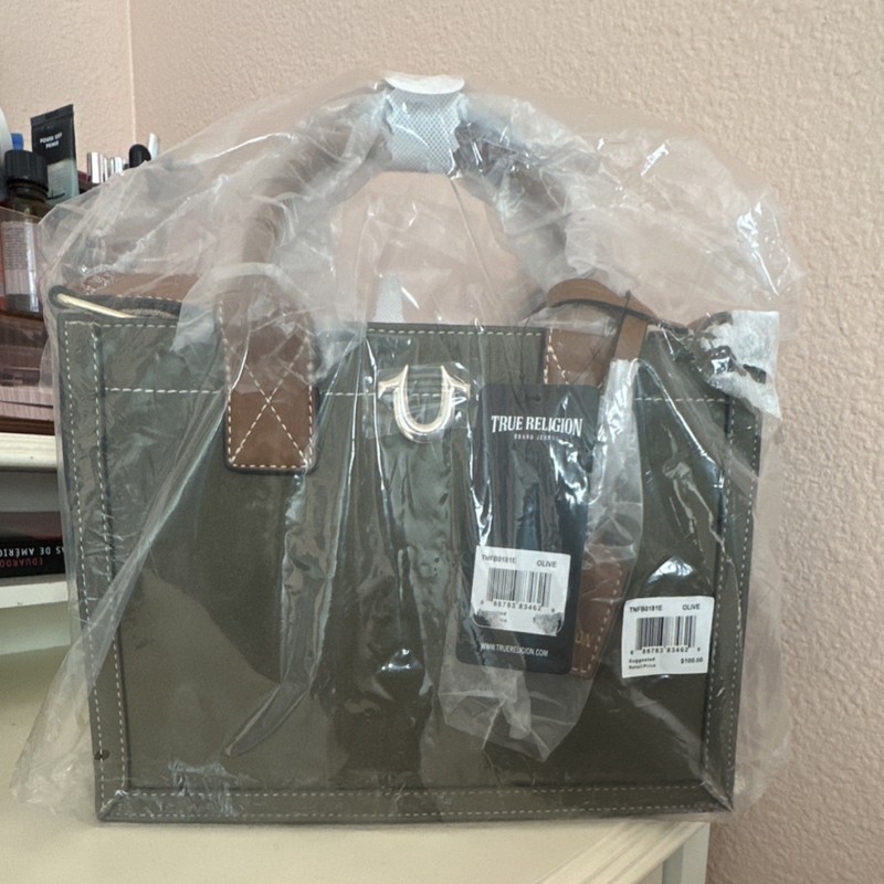 True Religion Olive Tote Bag Women’s Brown Handles Stitching Logo Accent