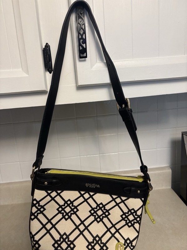 Spartina 449 Geometric Zip Top Crossbody Bag Adjustable Strap Black White Green gallery