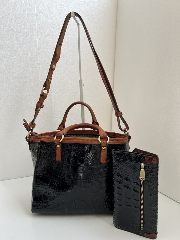 Brahmin Arno Black Croc Embossed Leather Satchel CrossBody HandBag &Wallet gallery