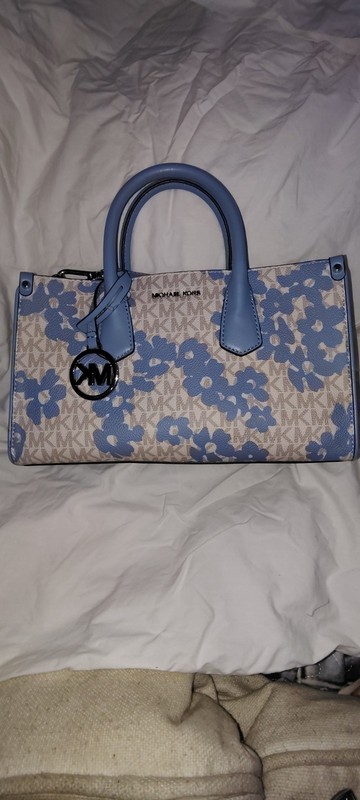 Michael Kors Monogram Satchel Top Handle Bag Blue/Beige Zip w Adjustable Strap