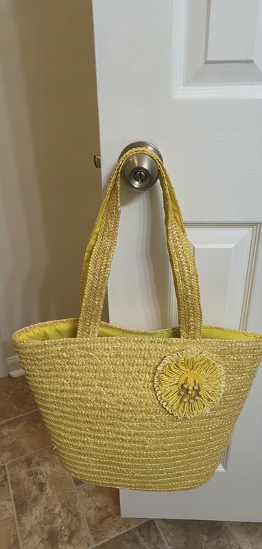 Yellow Woven Straw Tote Bag with Floral Applique