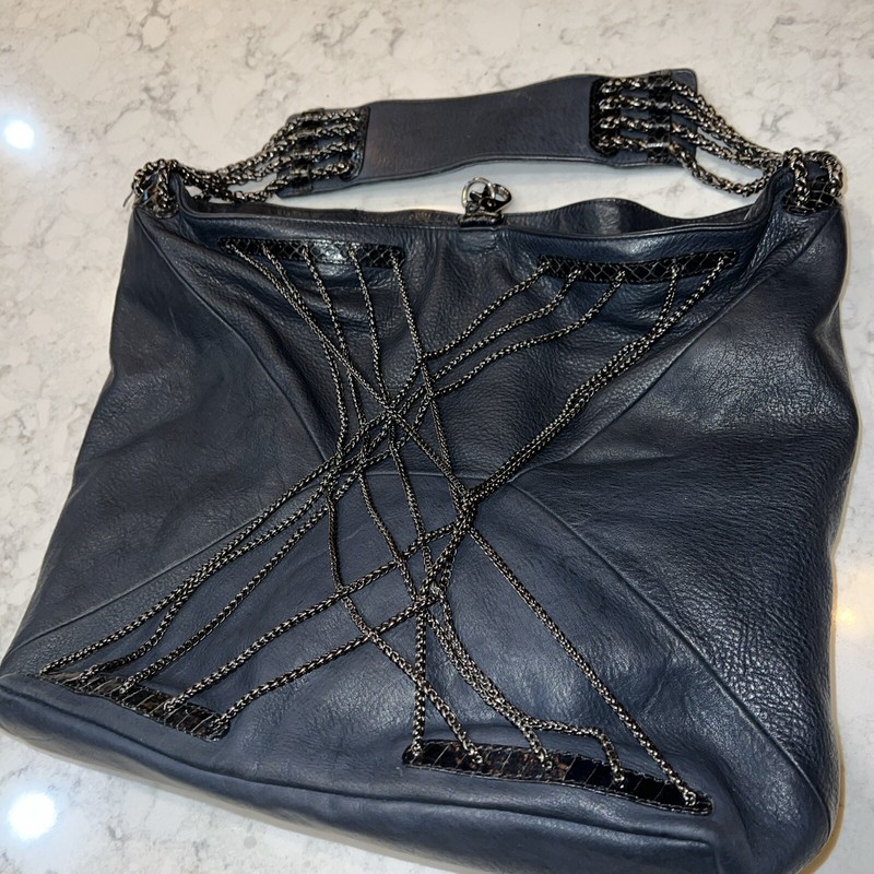 Bliss Lau Gorgeous Blue Leather With Black Chains Large Shoulder Bag