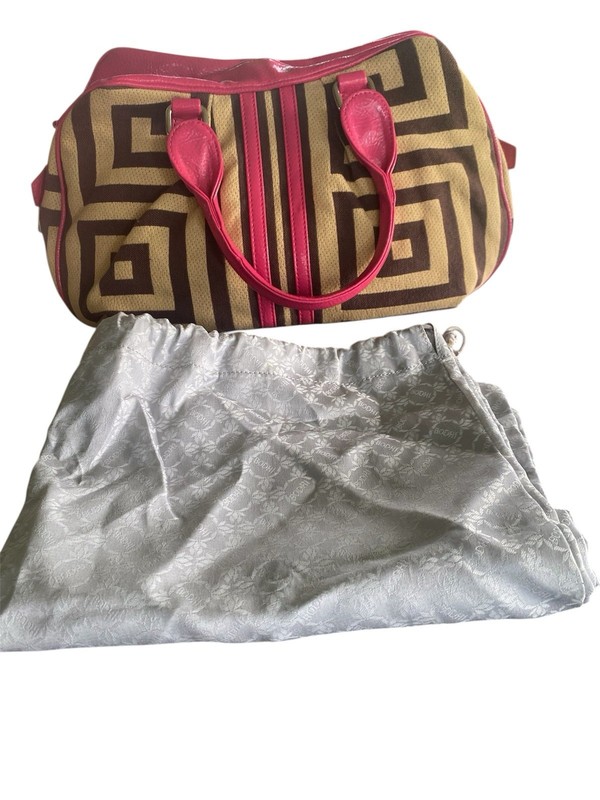 BODHI WOMEN’S GEO GREEK KEY FABRIC LEATHER SATCHEL PURSE W/DUST COVER LOOK NEW