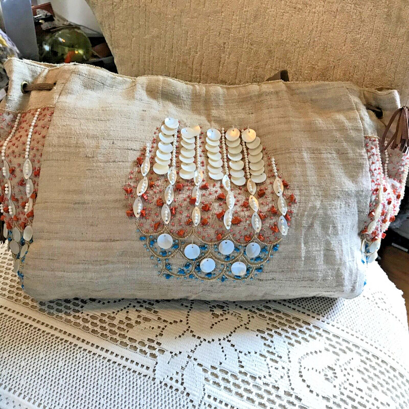 Moyna Drawstring mother of pearl shells - Beaded Turquoise & Coral Handbag purse gallery