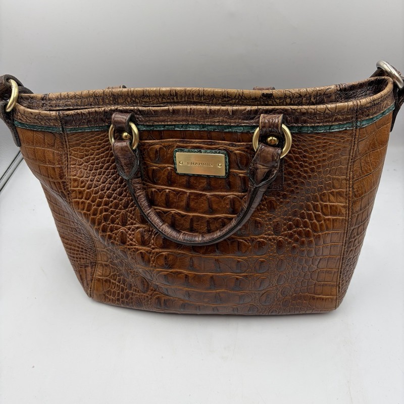 BRAHMIN MINI ARNO SHOULDER HANDBAG PURSE PECAN/BROWN/TURQUOISE MELBOURNE LEATHER