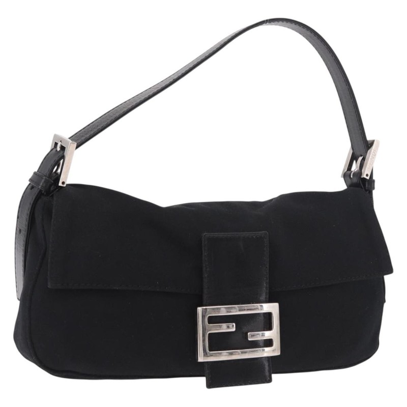 FENDI Mamma Baguette Shoulder Bag Cotton Jersey Black Silver Auth 180863