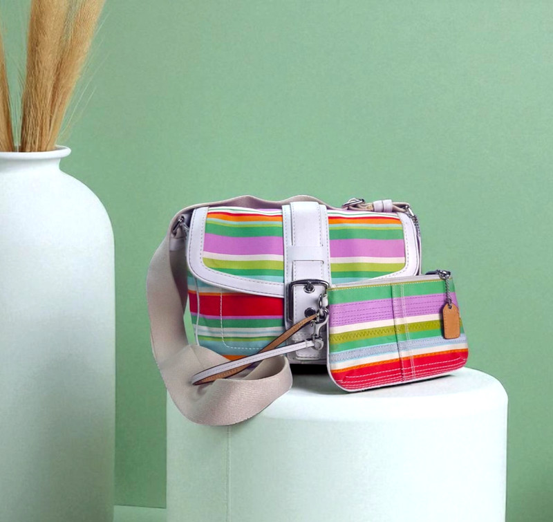 Coach Hampton Flap Multicolor Striped Crossbody / Shoulder Bag & Wallet