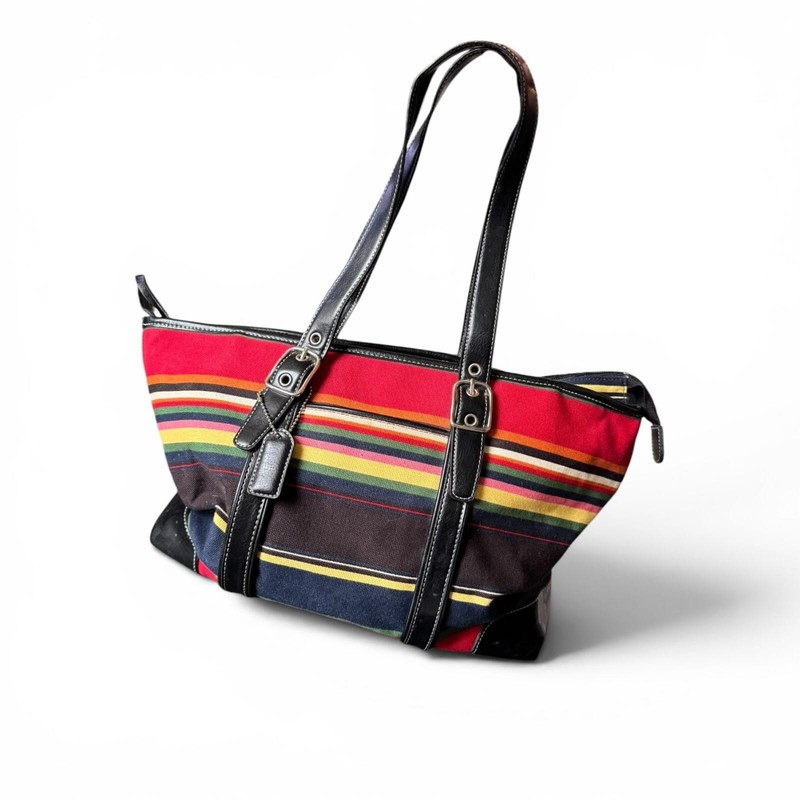 Vintage Striped Sturdy Canvas Shoulder Bag Adjustable Straps Large Purse GC
