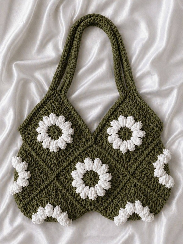Handmade Crochet Daisy Bag Wool Granny Square Shoulder Bag Boho Floral Tote