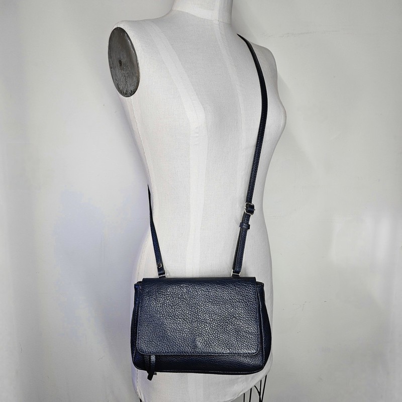 Borse in Pelle 9x6x3″ Crossbody Bag Navy Blue Pebbled Leather Italy Adjustable