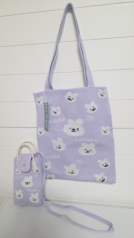 LA MAREY Cute Purple/White Bunny Animal Print Shoulder Tote Bag and Pouch gallery
