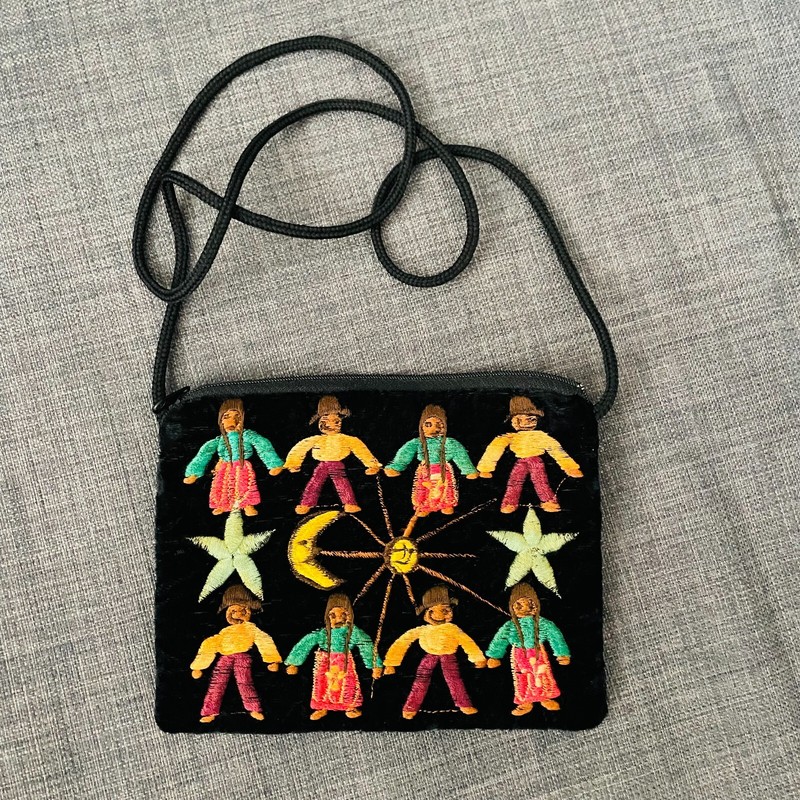 Handmade Embroidered People Friendship Unique Crossbody Velvet Purse 7 1/4″