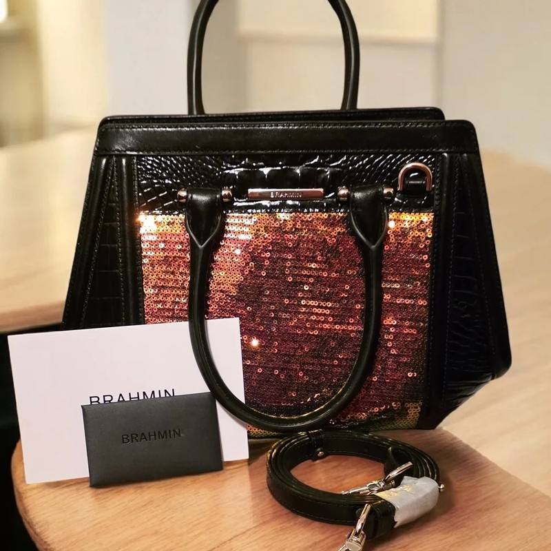 NWT ELEGANT BRAHMIN SMALL ARDEN BLACK MULTI SHIMERDA SEQUINS & LEATHER HANDBAG