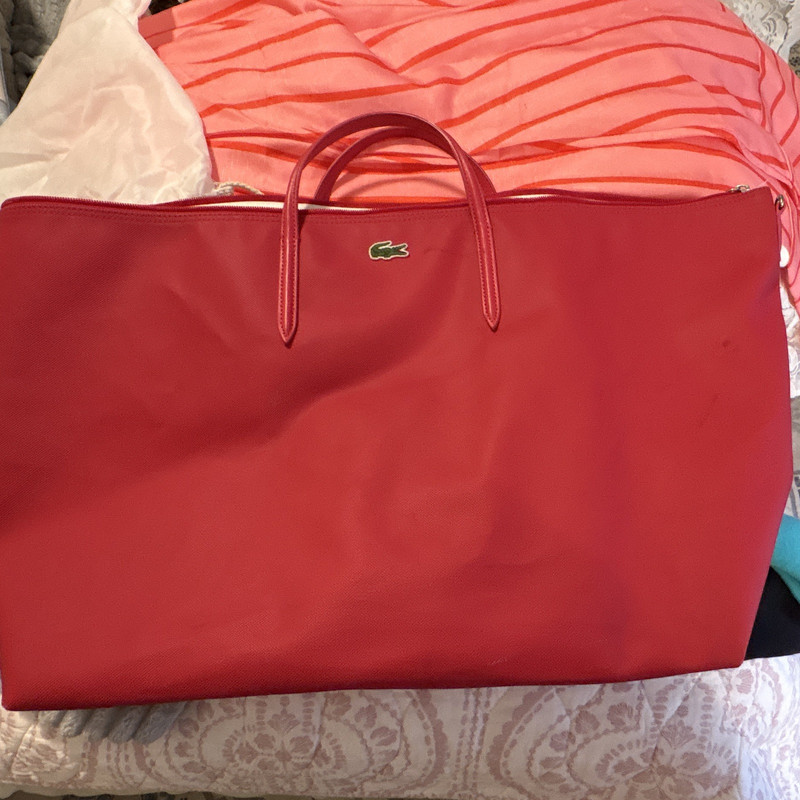 Lacoste Red Solid Tote Zip Closure Logo Accents Pouch Inner Pockets Silver