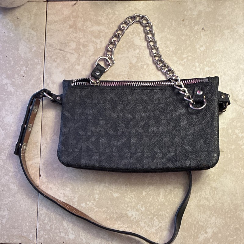 Michael Kors Black Monogram Zip Wristlet Crossbody, Detachable Chain Strap