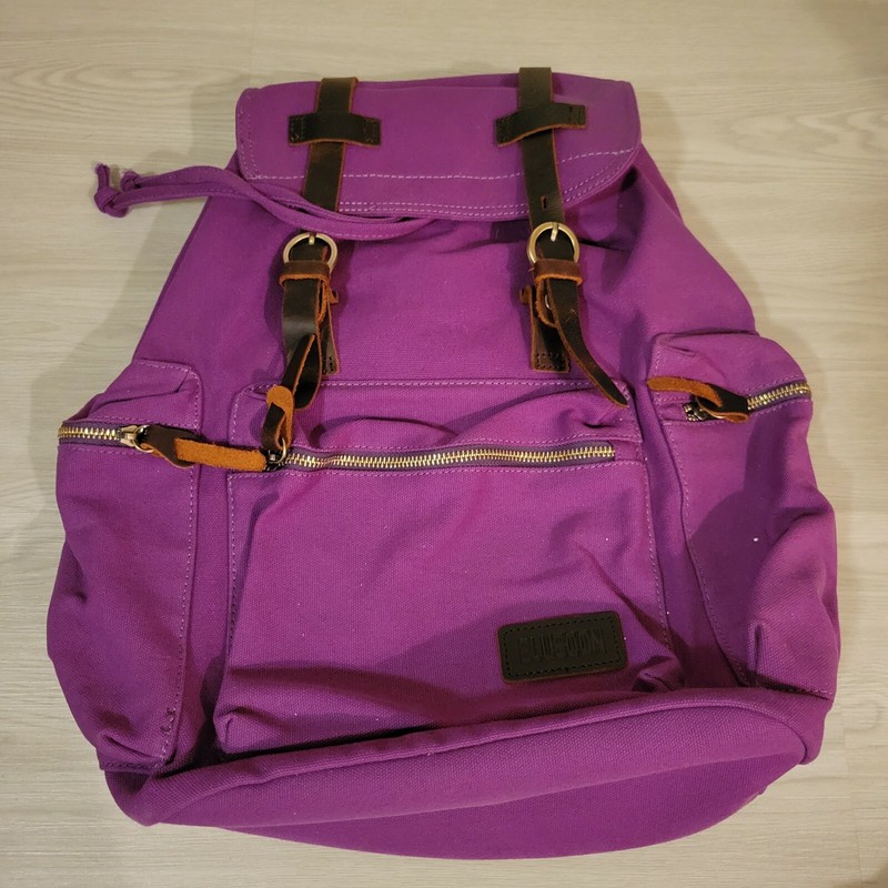 Purple Backpack with Flap Top and Adjustable Drawstring, Zippered Compartments gallery