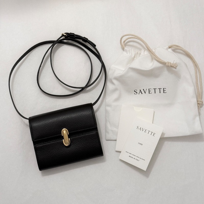 SAVETTE Symmetry Wallet Bag in Black Grained Calfskin Leather