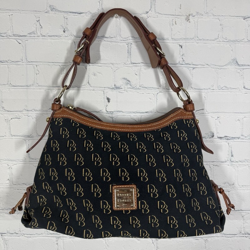 Dooney & Bourke DB Monogram Canvas Hobo Shoulder Bag Y2K Black Brown Leather 14” gallery