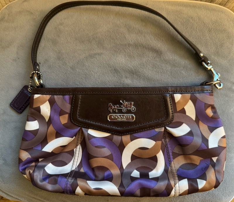 Coach Womens Madison Wristlet Clutch Purse Satin Leather Chain Link Brown Purple