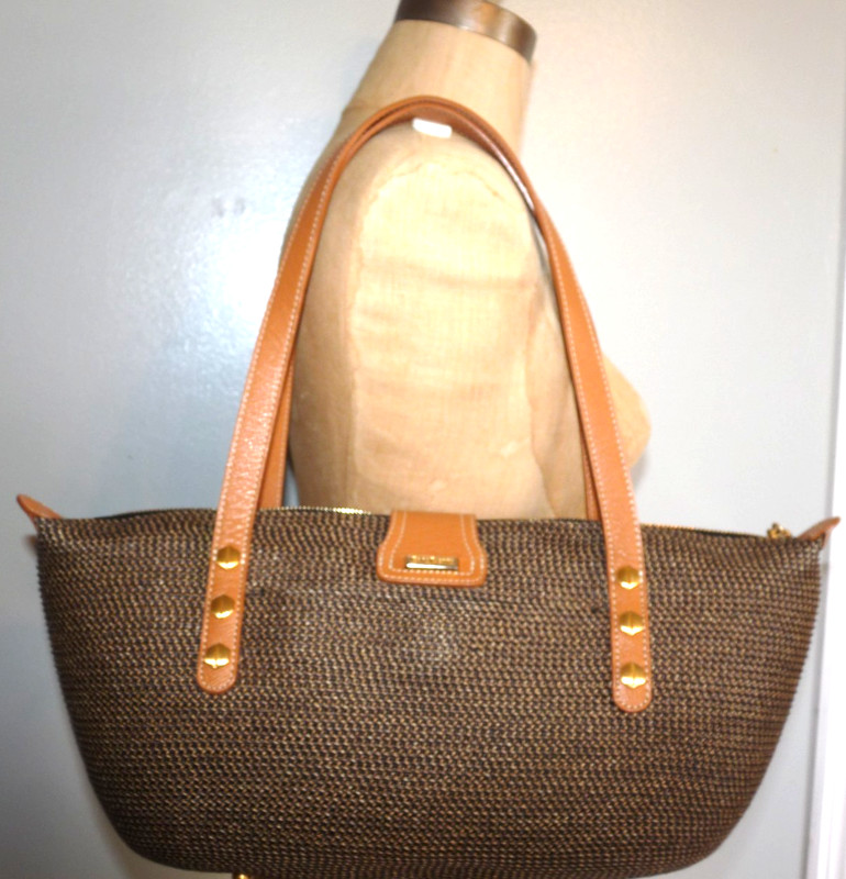 Eric Javits Squishee Black &Tan Straw Shoulder Bag Handbag - 14" x 7" & Mirror gallery