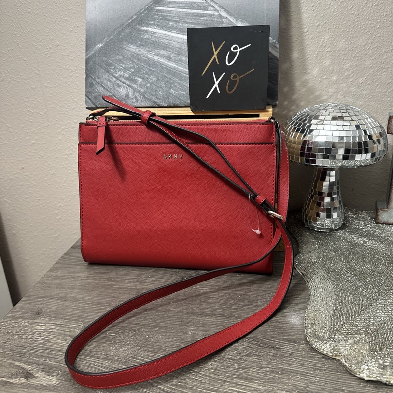 DKNY Red Saffiano Leather Double ZIP Logo Organizer Crossbody New Without Tags