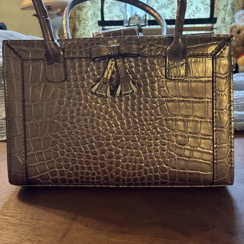 Liz Claiborne Bronze Croc Embossed Structured Satchel Handbag Purse Bow Tassel