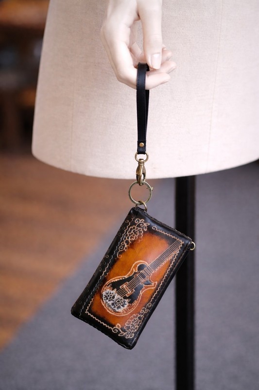 Guitar Leather Coin Purse Wristlet Handcrafted Floral Carved