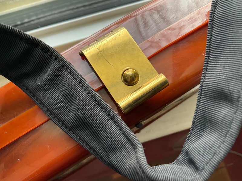Vintage LUCITE BOX PURSE Tapestry Italian Garden Grosgrain Brass Amber Torty gallery