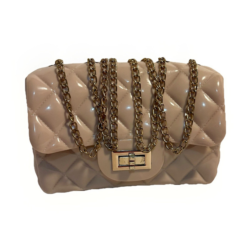 Beige Quilted Shoulder Bag Gold Chain Turn Lock Women’s Rectangle Handbag