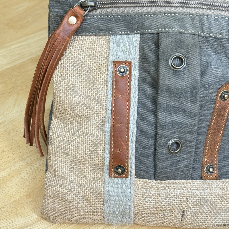 Myra USA Upcycled Canvas Patch Crossbody Bag Burlap Fringe Boho Purse NWOT gallery