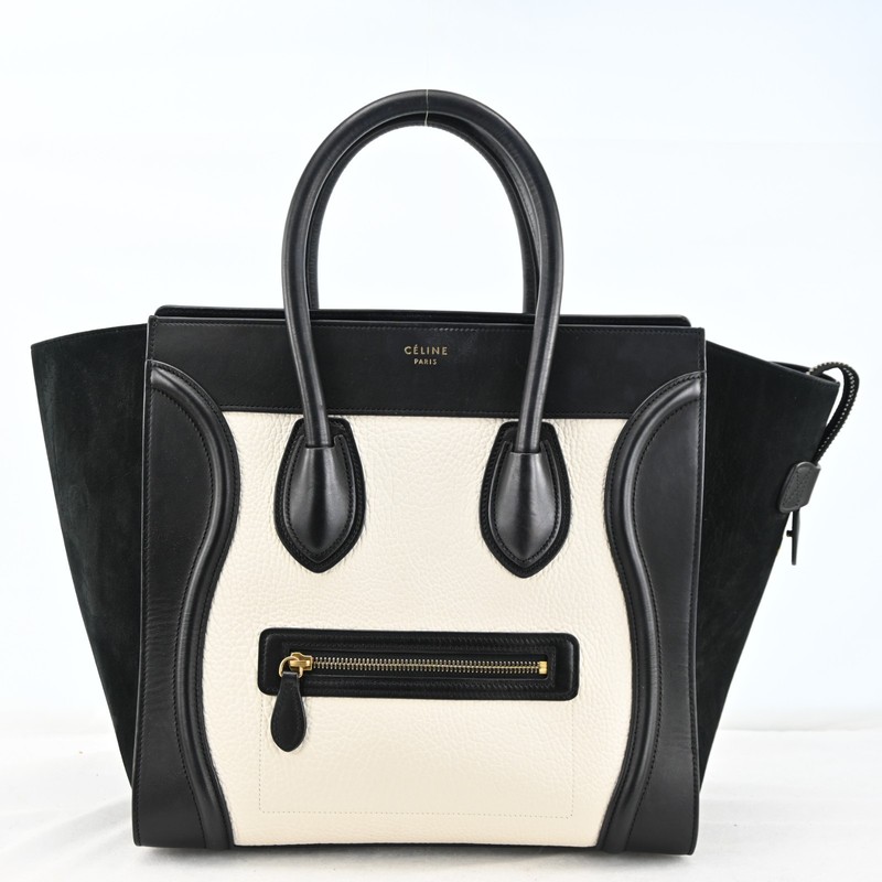 CELINE Luggage Mini Shopper Hand Bag Leather Black x White R3917YJ805