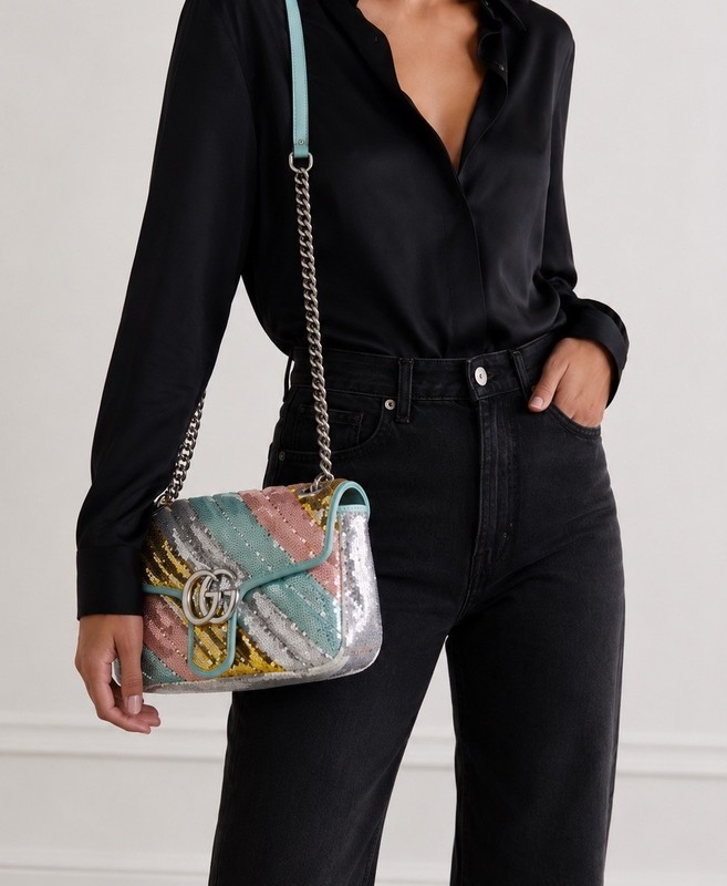 Gucci GG Marmont Large Rainbow Sequin Chain Shoulder Bag Rare Authentic