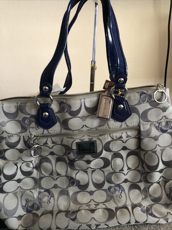 COACH Poppy Signature Hearts Glam Grey/ Blue Canvas Large Tote Bag #18711M Gift